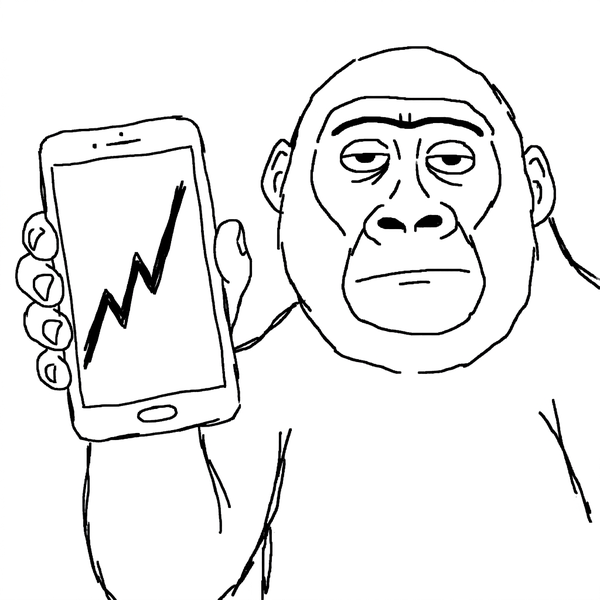 Gorilla holding a phone showing a fake green chart